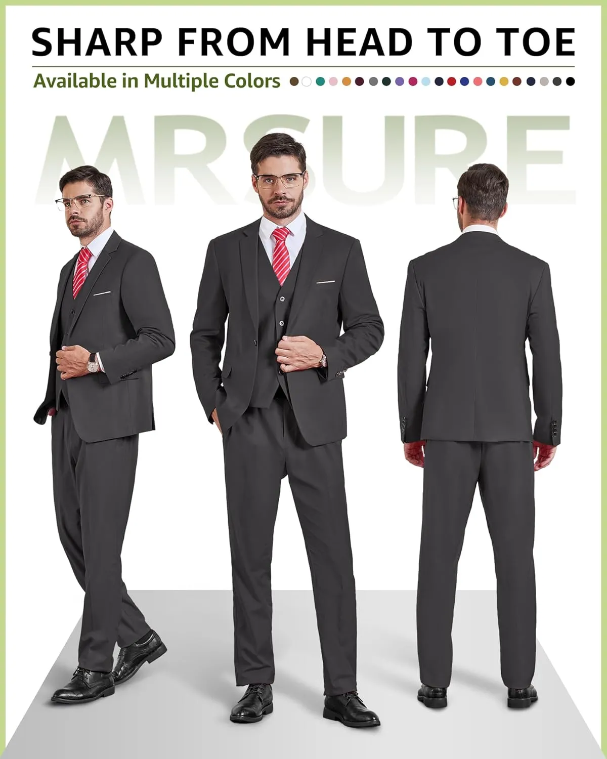 MrSure Men’s 3 Piece Suit Blazer, Slim Fit Tux with One Button, Jacket Vest Pants & Tie Set for Party, Wedding and Business