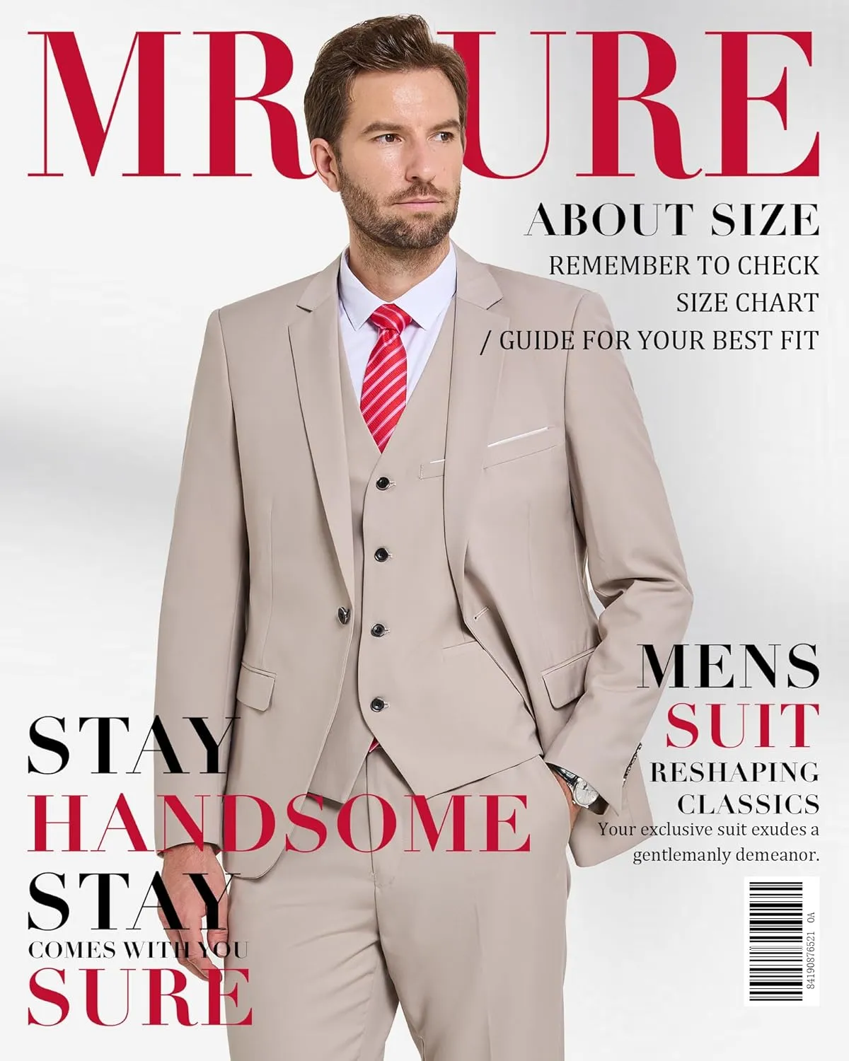 MrSure Men’s 3 Piece Suit Blazer, Slim Fit Tux with One Button, Jacket Vest Pants & Tie Set for Party, Wedding and Business