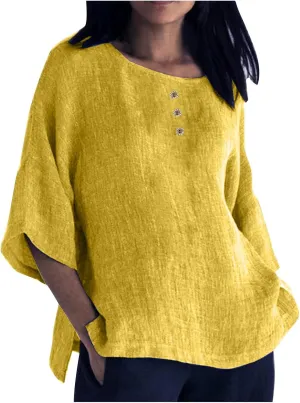 Mzkdieey Women's Summer 3/4 Sleeve Cotton Linen T-Shirts Crewneck Button Down Blouse Oversized Plain Side Slit Beach Tops