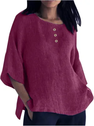 Mzkdieey Women's Summer 3/4 Sleeve Cotton Linen T-Shirts Crewneck Button Down Blouse Oversized Plain Side Slit Beach Tops