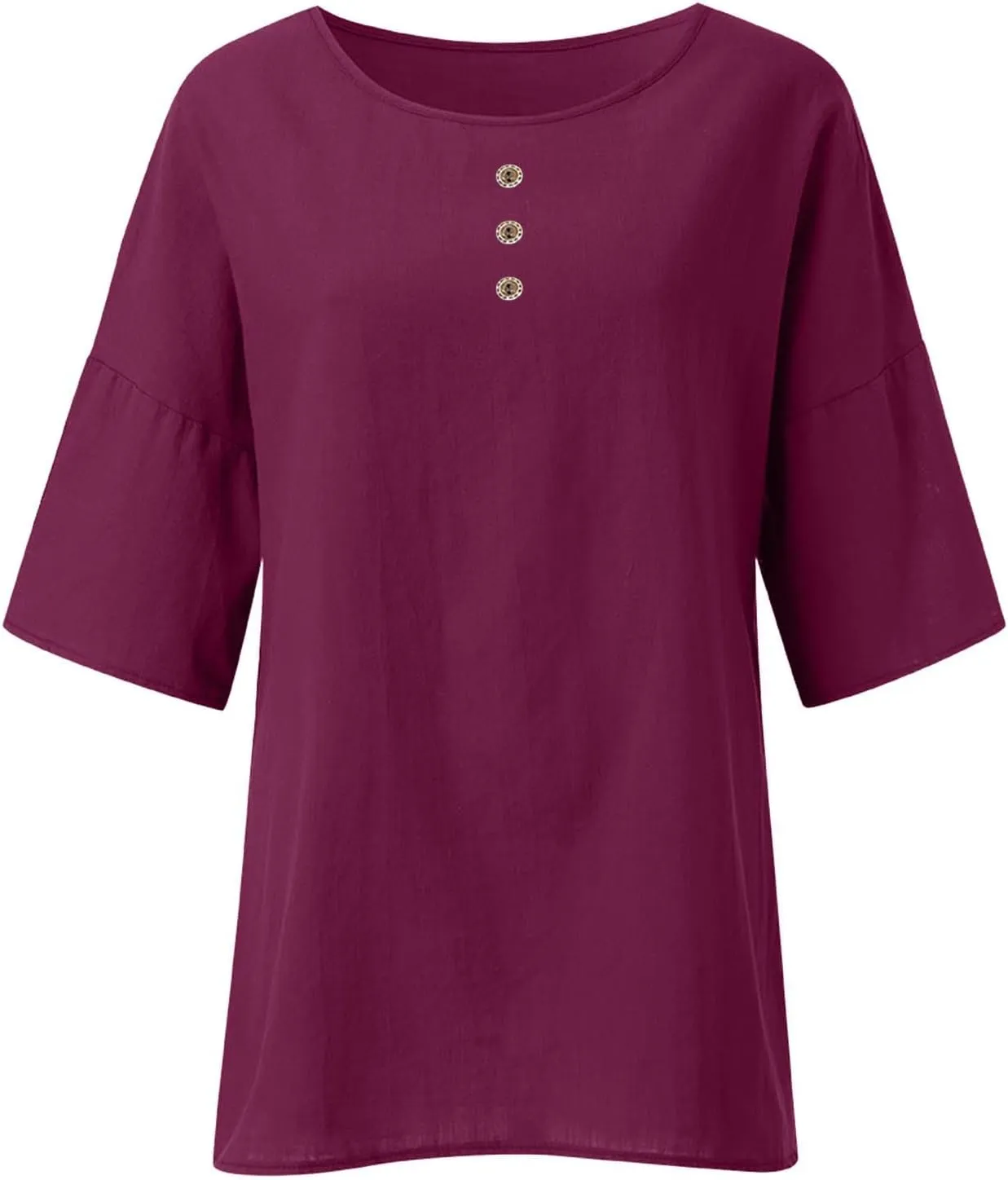 Mzkdieey Women's Summer 3/4 Sleeve Cotton Linen T-Shirts Crewneck Button Down Blouse Oversized Plain Side Slit Beach Tops
