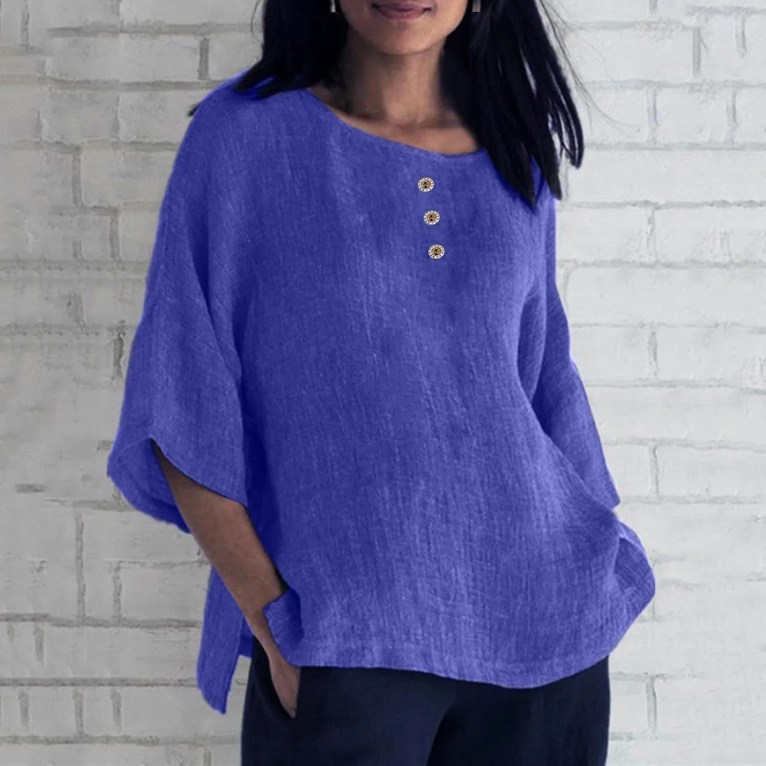 Mzkdieey Women's Summer 3/4 Sleeve Cotton Linen T-Shirts Crewneck Button Down Blouse Oversized Plain Side Slit Beach Tops