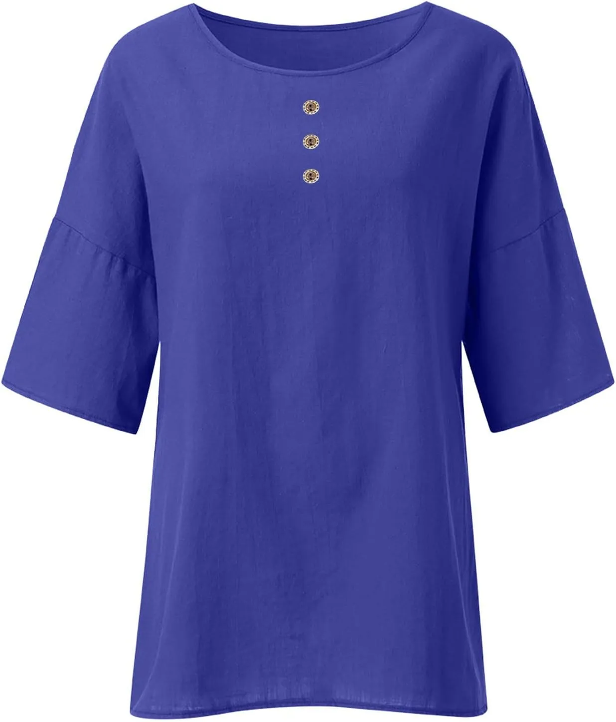 Mzkdieey Women's Summer 3/4 Sleeve Cotton Linen T-Shirts Crewneck Button Down Blouse Oversized Plain Side Slit Beach Tops