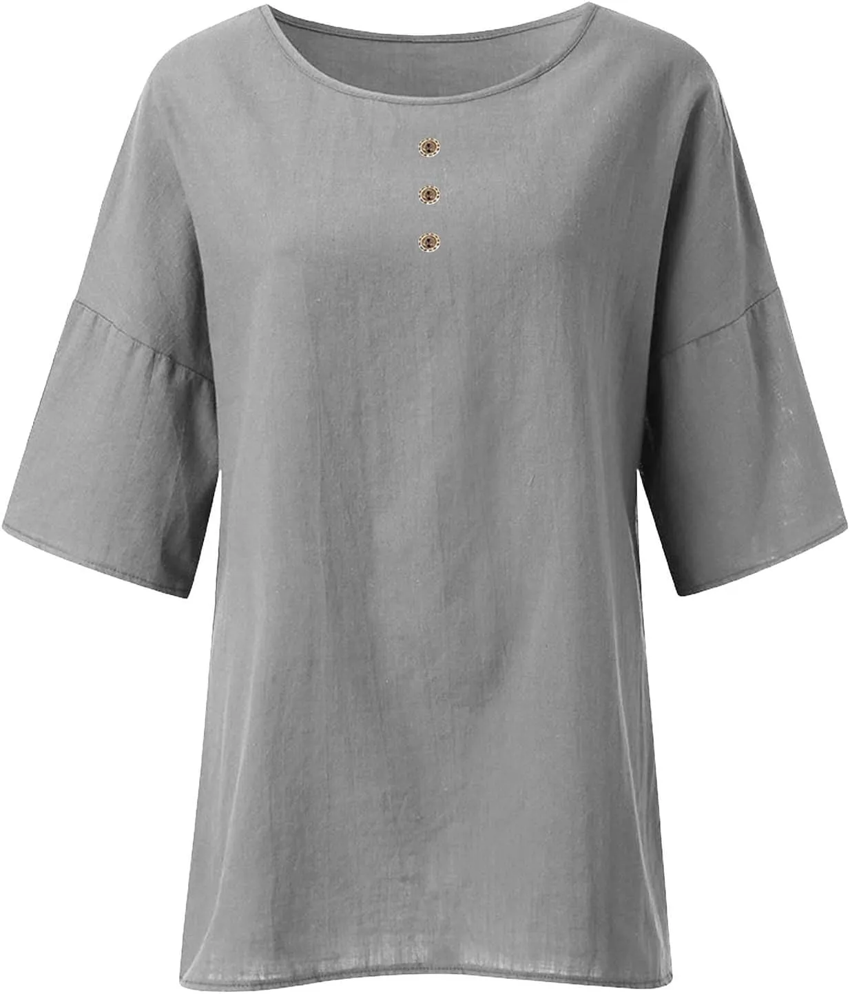 Mzkdieey Women's Summer 3/4 Sleeve Cotton Linen T-Shirts Crewneck Button Down Blouse Oversized Plain Side Slit Beach Tops