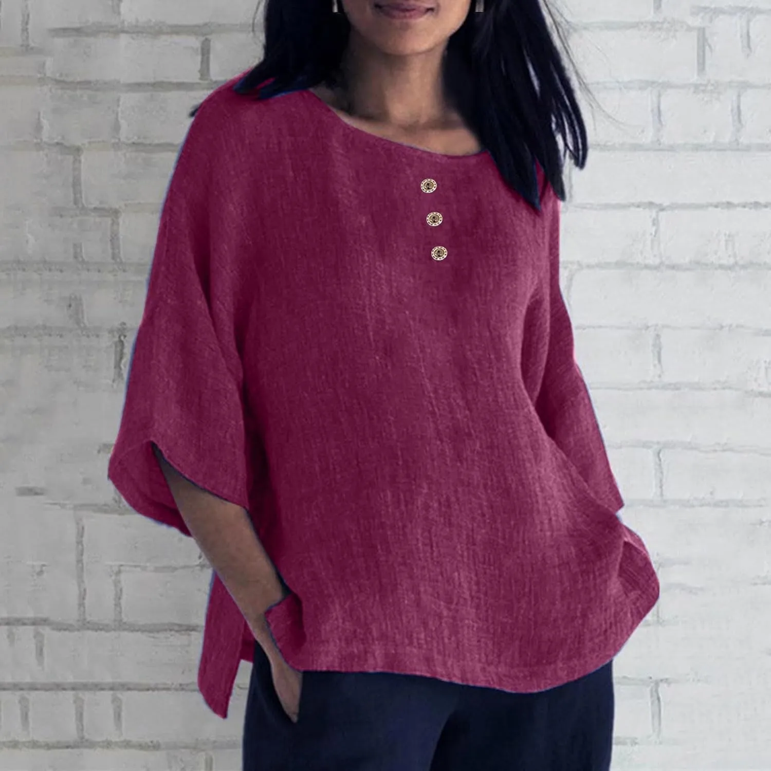 Mzkdieey Women's Summer 3/4 Sleeve Cotton Linen T-Shirts Crewneck Button Down Blouse Oversized Plain Side Slit Beach Tops