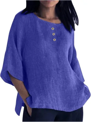 Mzkdieey Women's Summer 3/4 Sleeve Cotton Linen T-Shirts Crewneck Button Down Blouse Oversized Plain Side Slit Beach Tops
