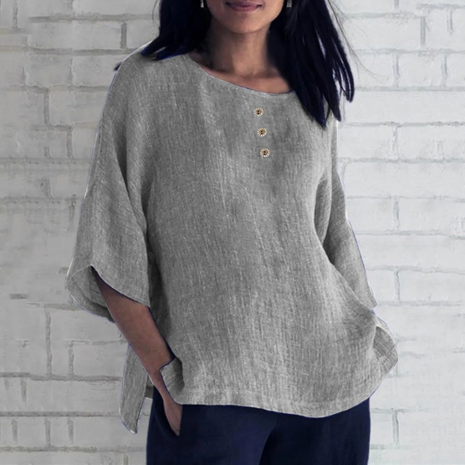 Mzkdieey Women's Summer 3/4 Sleeve Cotton Linen T-Shirts Crewneck Button Down Blouse Oversized Plain Side Slit Beach Tops