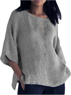 Mzkdieey Women's Summer 3/4 Sleeve Cotton Linen T-Shirts Crewneck Button Down Blouse Oversized Plain Side Slit Beach Tops