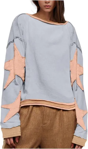 NaRHbrg Women Crewneck Oversized Sweatshirt Y2k Drop Shoulder Graphic Vintage Pullover Star Print Cute Tee Top for Teen Girls