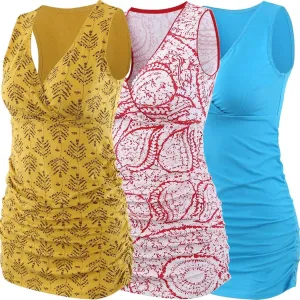 Nursing Maternity Top, Pregnant Breastfeeding Shirt, Women's Cotton V Neck Ruched Waist Double Layered Postpartum Tank