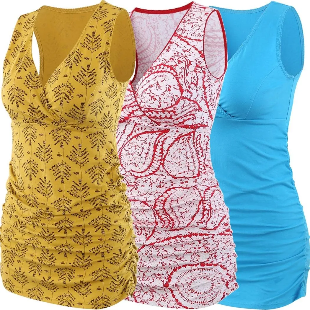 Nursing Maternity Top, Pregnant Breastfeeding Shirt, Women's Cotton V Neck Ruched Waist Double Layered Postpartum Tank