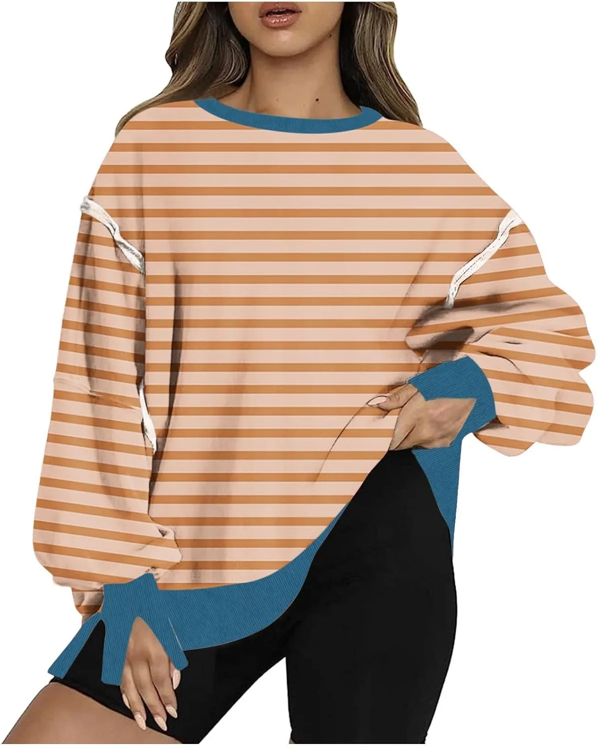 Oversize Splicing Striped Sweatshirts for Womens Pullover Tops Trendy Round Neck Long Sleeve Casual Soft Sweatshirt