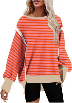 Oversize Splicing Striped Sweatshirts for Womens Pullover Tops Trendy Round Neck Long Sleeve Casual Soft Sweatshirt