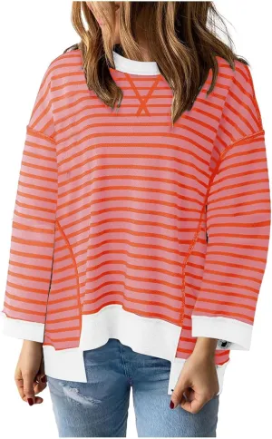 Oversize Splicing Striped Sweatshirts for Womens Pullover Tops Trendy Round Neck Long Sleeve Casual Soft Sweatshirt