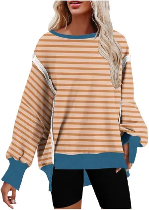 Oversize Splicing Striped Sweatshirts for Womens Pullover Tops Trendy Round Neck Long Sleeve Casual Soft Sweatshirt