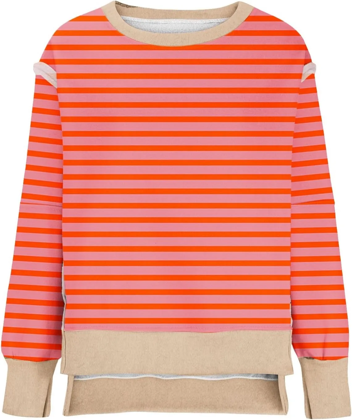 Oversize Splicing Striped Sweatshirts for Womens Pullover Tops Trendy Round Neck Long Sleeve Casual Soft Sweatshirt