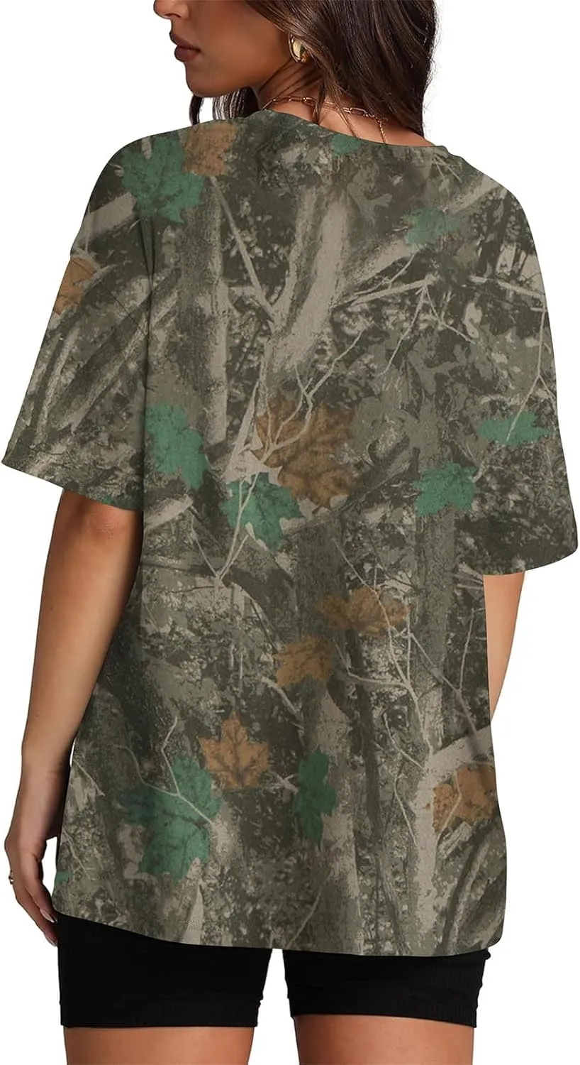 Oversized Camo T Shirts for Women Maple Leaf Print Shirt Crew Neck Trendy Blouses Loose Casual Tee Tops for Beach