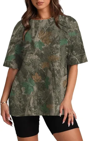 Oversized Camo T Shirts for Women Maple Leaf Print Shirt Crew Neck Trendy Blouses Loose Casual Tee Tops for Beach