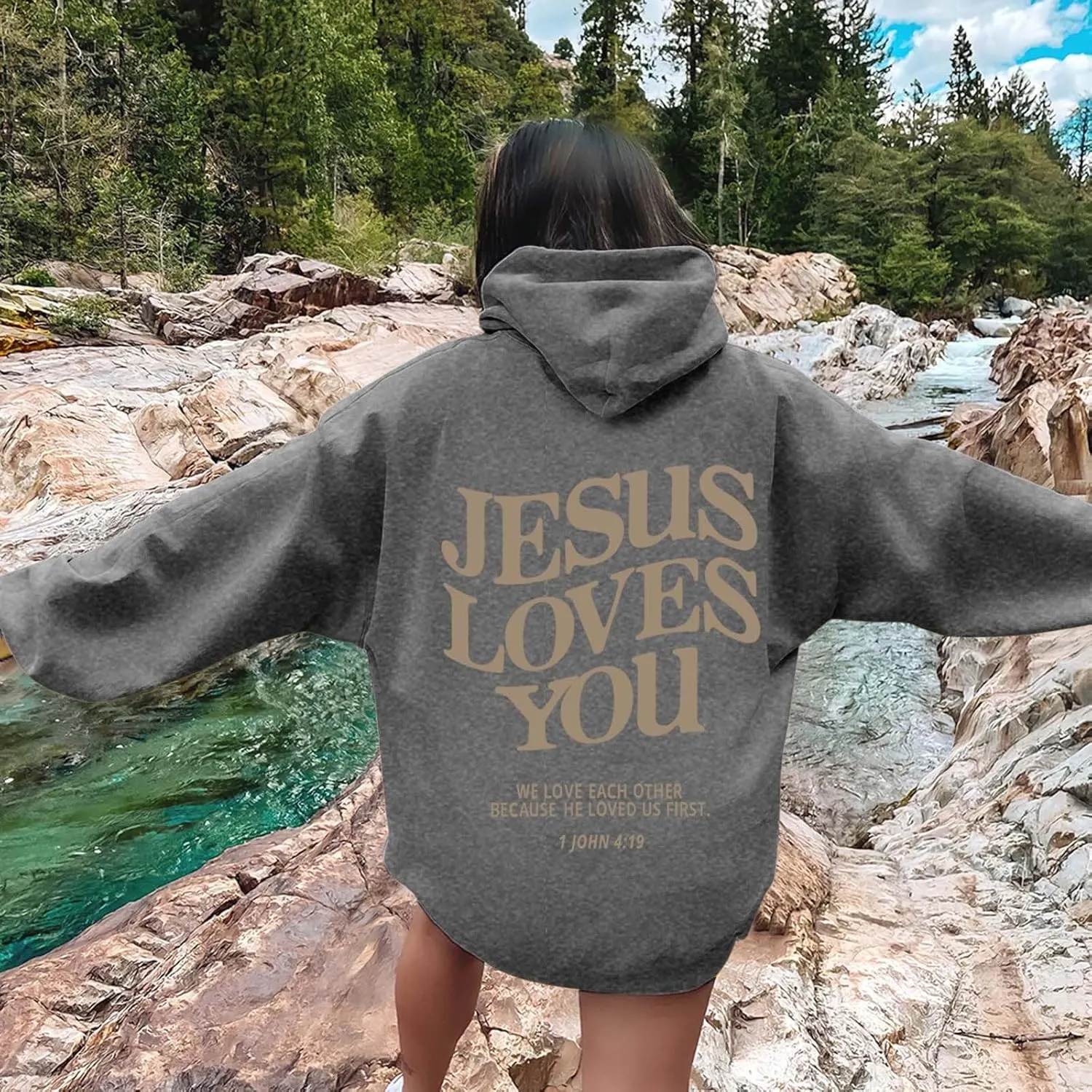 Oversized Hoodie for Women Thankful Grateful Blessed Letter Printede Hooded Hoodies Causal Sweatshirts with Pocket Pullover