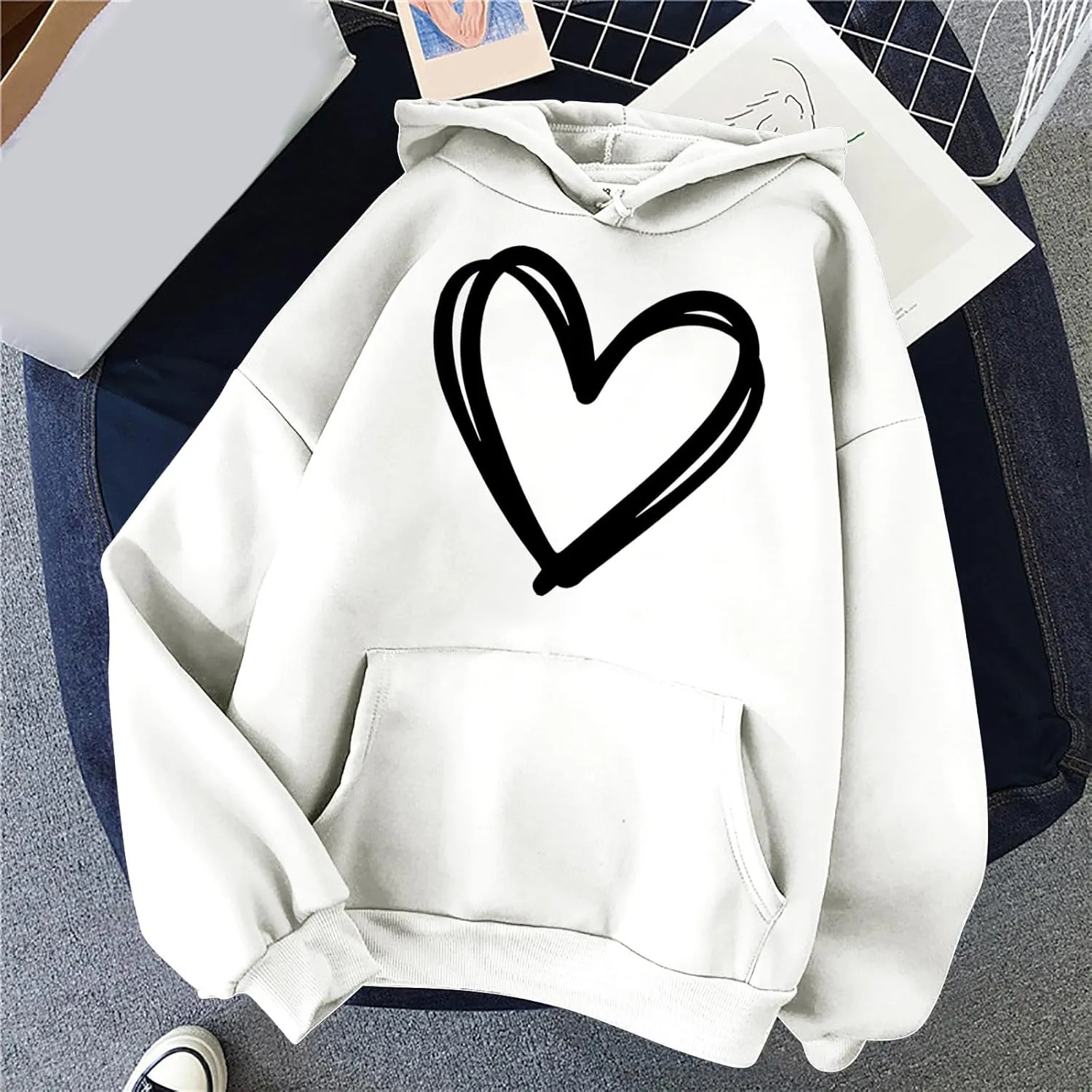 Oversized Women's Hoodies Print Love Heart 2024 Fashion Drawstring Long Sleeve Solid Pullover Sweatshirt with Pockets