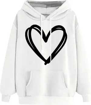 Oversized Women's Hoodies Print Love Heart 2024 Fashion Drawstring Long Sleeve Solid Pullover Sweatshirt with Pockets