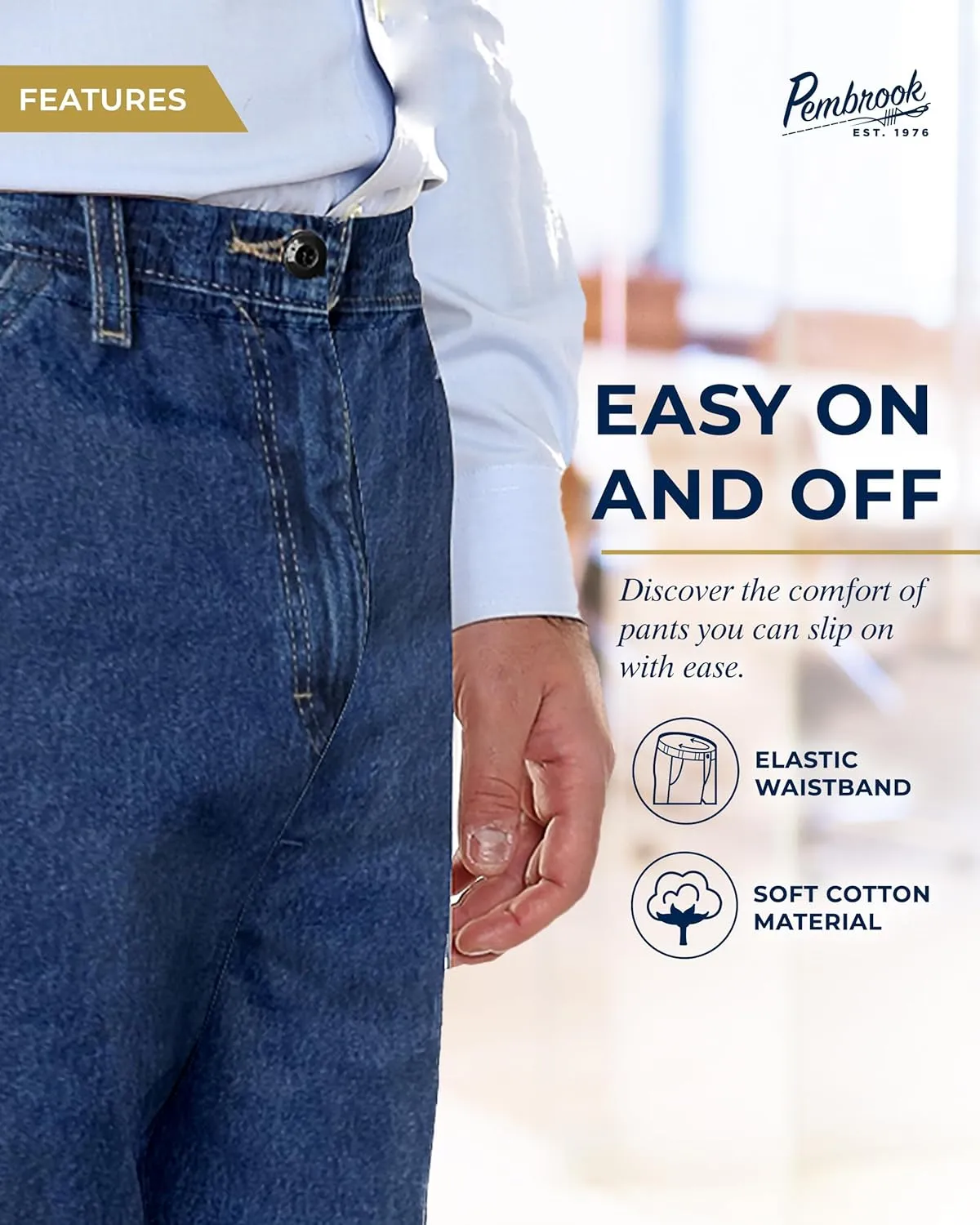 Pembrook Mens Elastic Waist Pants for Seniors with Zipper and Button - Relax Fit Elastic Waist Jeans for Men