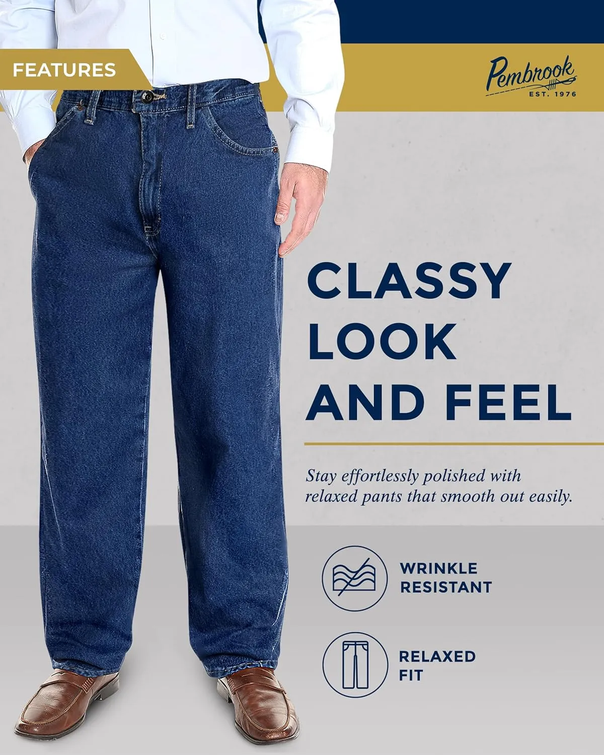Pembrook Mens Elastic Waist Pants for Seniors with Zipper and Button - Relax Fit Elastic Waist Jeans for Men
