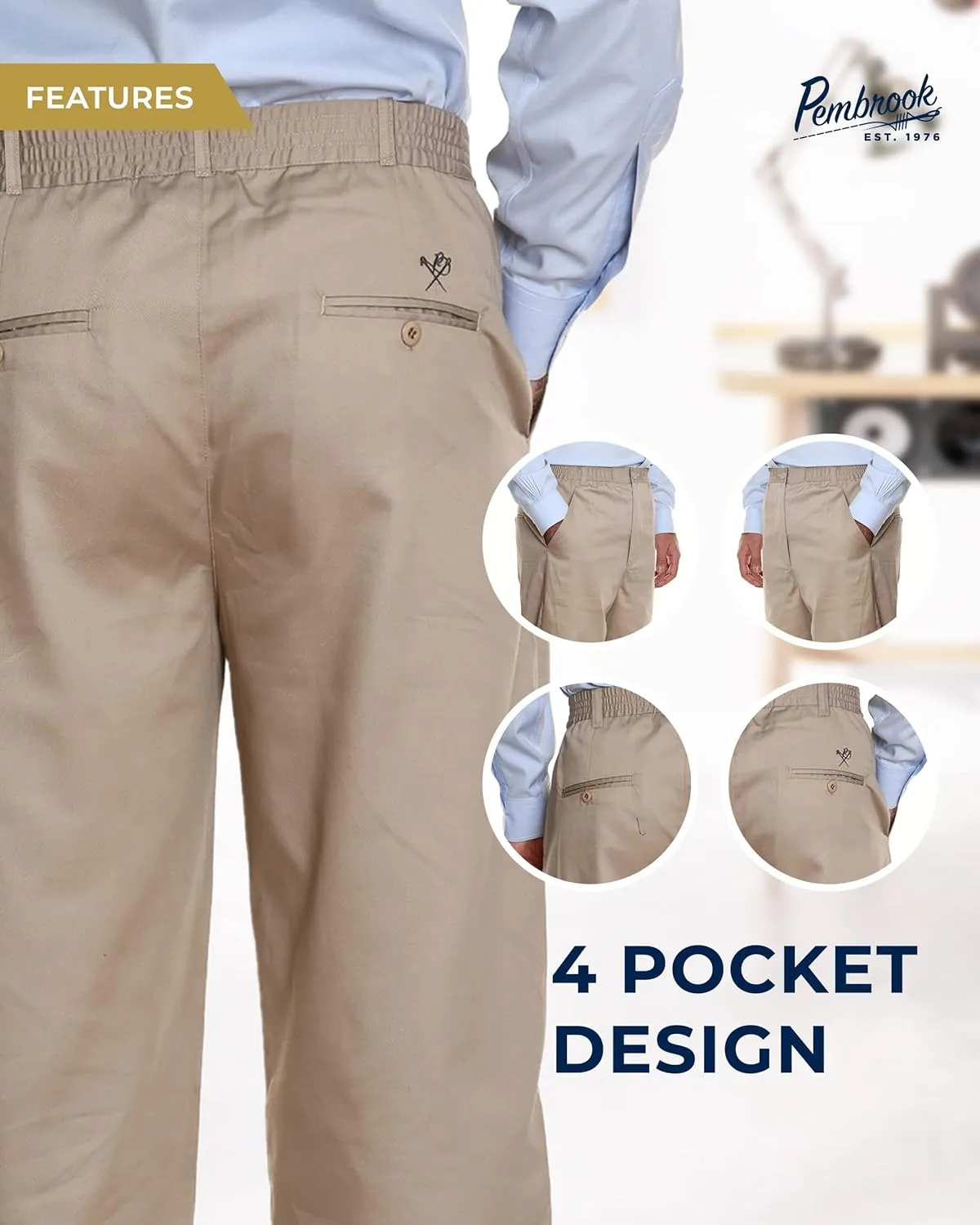 Pembrook Mens Elastic Waist Pants for Seniors with Zipper and Button - Relax Fit Elastic Waist Jeans for Men