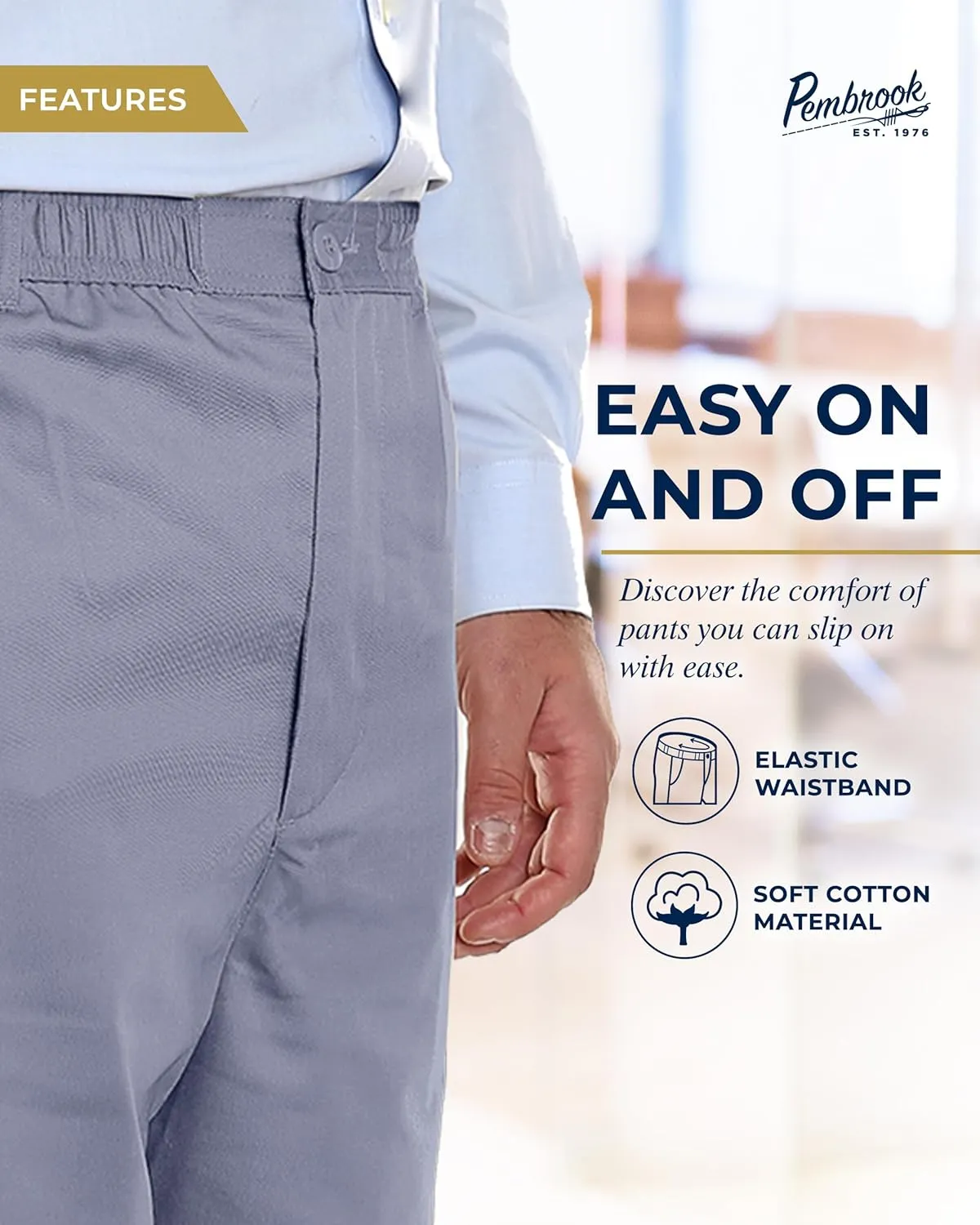Pembrook Mens Elastic Waist Pants for Seniors with Zipper and Button - Relax Fit Elastic Waist Jeans for Men