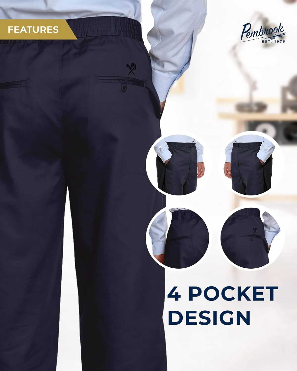 Pembrook Mens Elastic Waist Pants for Seniors with Zipper and Button - Relax Fit Elastic Waist Jeans for Men