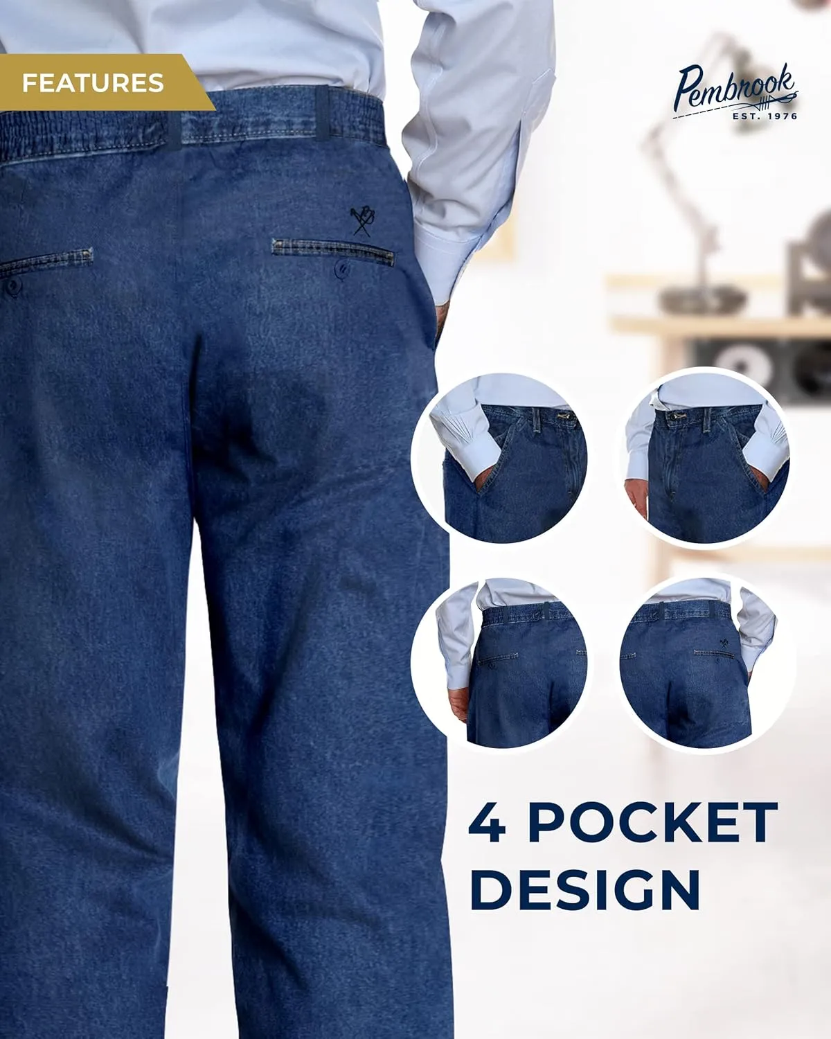Pembrook Mens Elastic Waist Pants for Seniors with Zipper and Button - Relax Fit Elastic Waist Jeans for Men