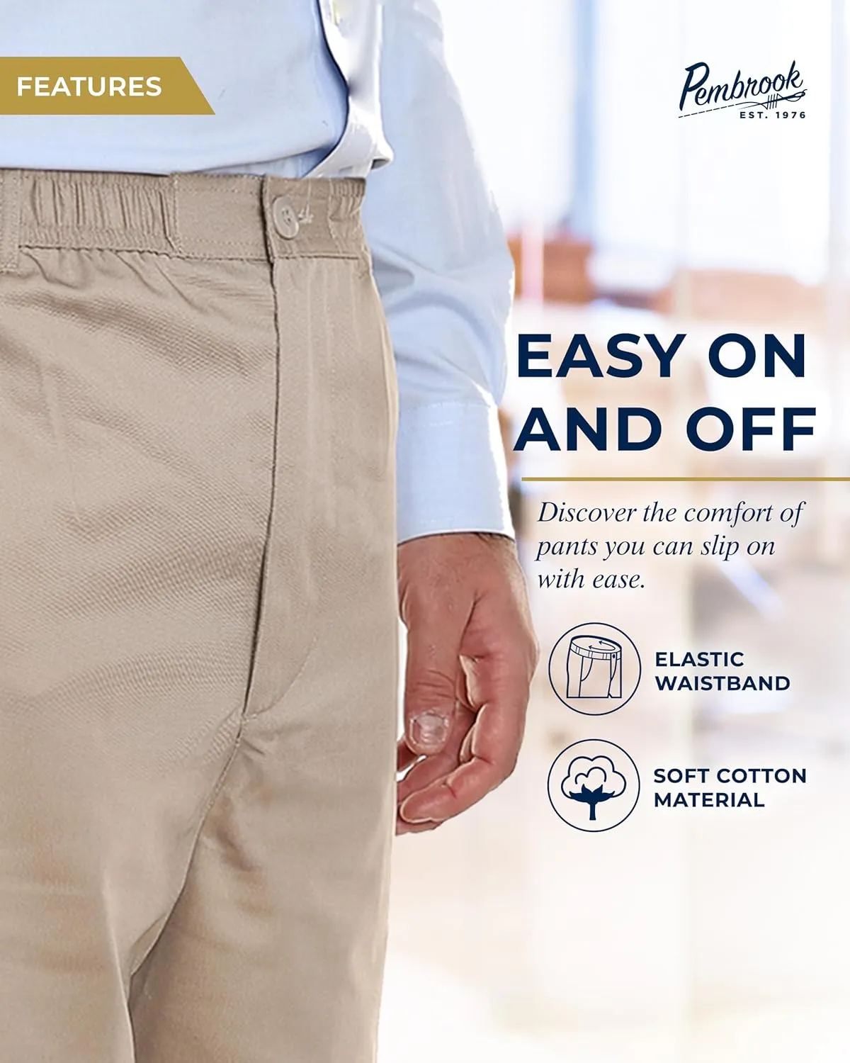 Pembrook Mens Elastic Waist Pants for Seniors with Zipper and Button - Relax Fit Elastic Waist Jeans for Men