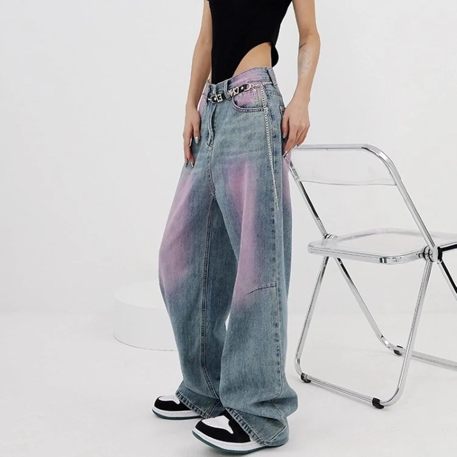 sdbrld Jeans for Women Baggy,Womens Mid Rise Jeans Wide Leg Loose Boyfriend Denim Harem Cropped Pant Vintage Barrel Jeans Y2k