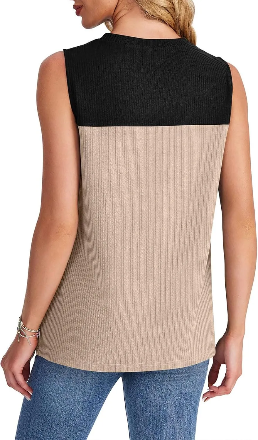 Sleeveless Sweaters for Women Casual Color Block Round Neck Tank Tops Summer Breathable Knitted Loose Fit T-Shirts