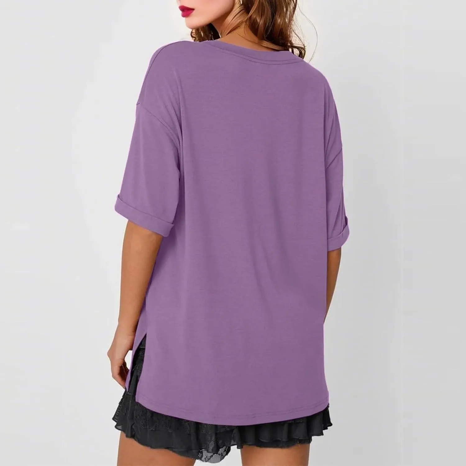 slqdgmryz Oversized Tshirts for Women Side Slit Half Sleeve Summer Tops Elbow Length V Neck T Shirts Loose Fit Dressy Blouses