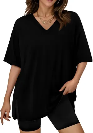 slqdgmryz Oversized Tshirts for Women Side Slit Half Sleeve Summer Tops Elbow Length V Neck T Shirts Loose Fit Dressy Blouses