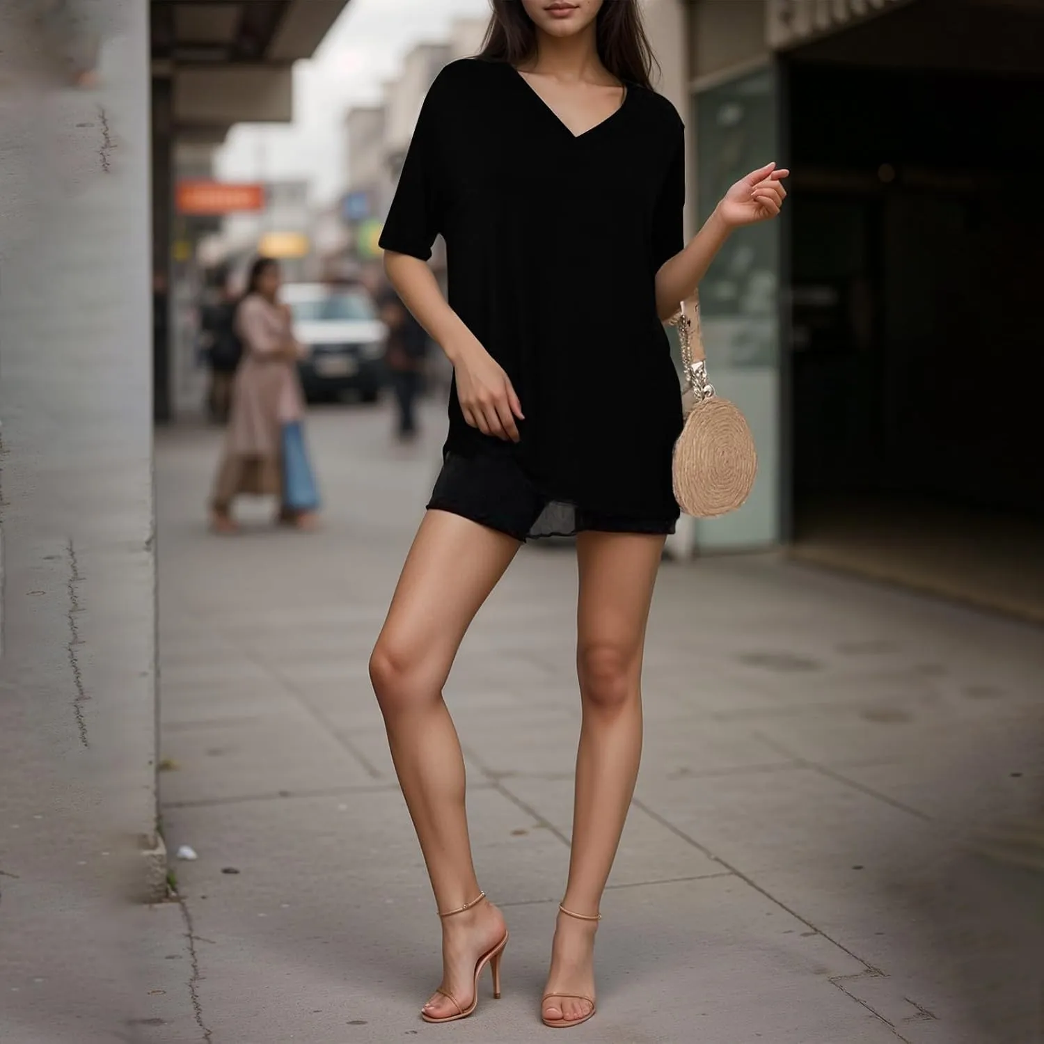 slqdgmryz Oversized Tshirts for Women Side Slit Half Sleeve Summer Tops Elbow Length V Neck T Shirts Loose Fit Dressy Blouses