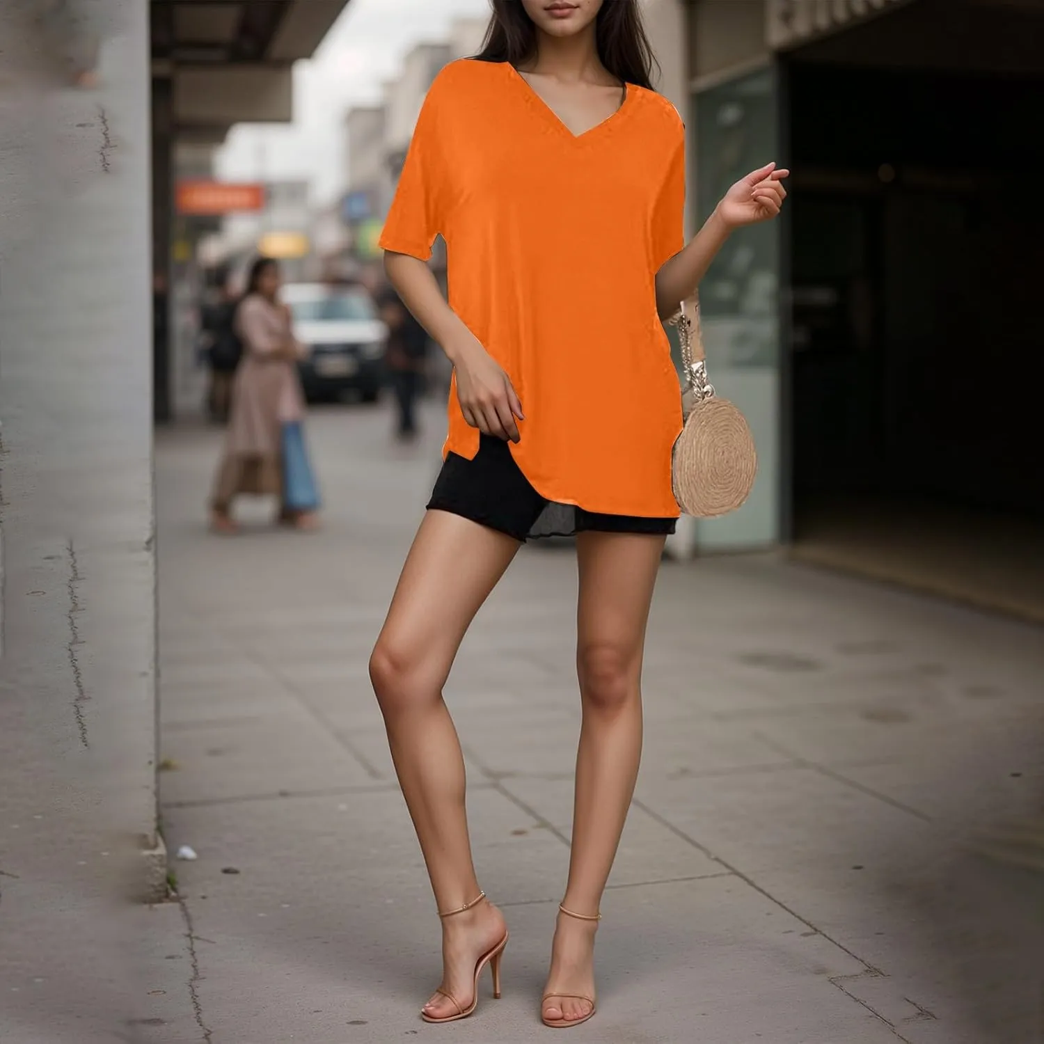 slqdgmryz Oversized Tshirts for Women Side Slit Half Sleeve Summer Tops Elbow Length V Neck T Shirts Loose Fit Dressy Blouses