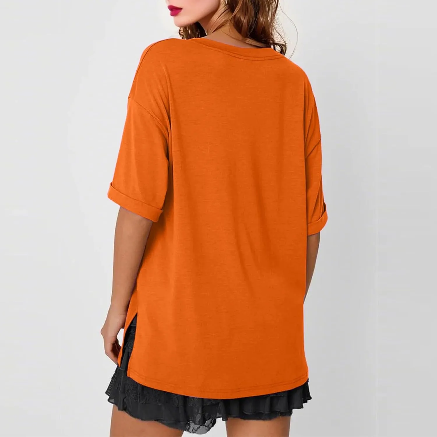 slqdgmryz Oversized Tshirts for Women Side Slit Half Sleeve Summer Tops Elbow Length V Neck T Shirts Loose Fit Dressy Blouses