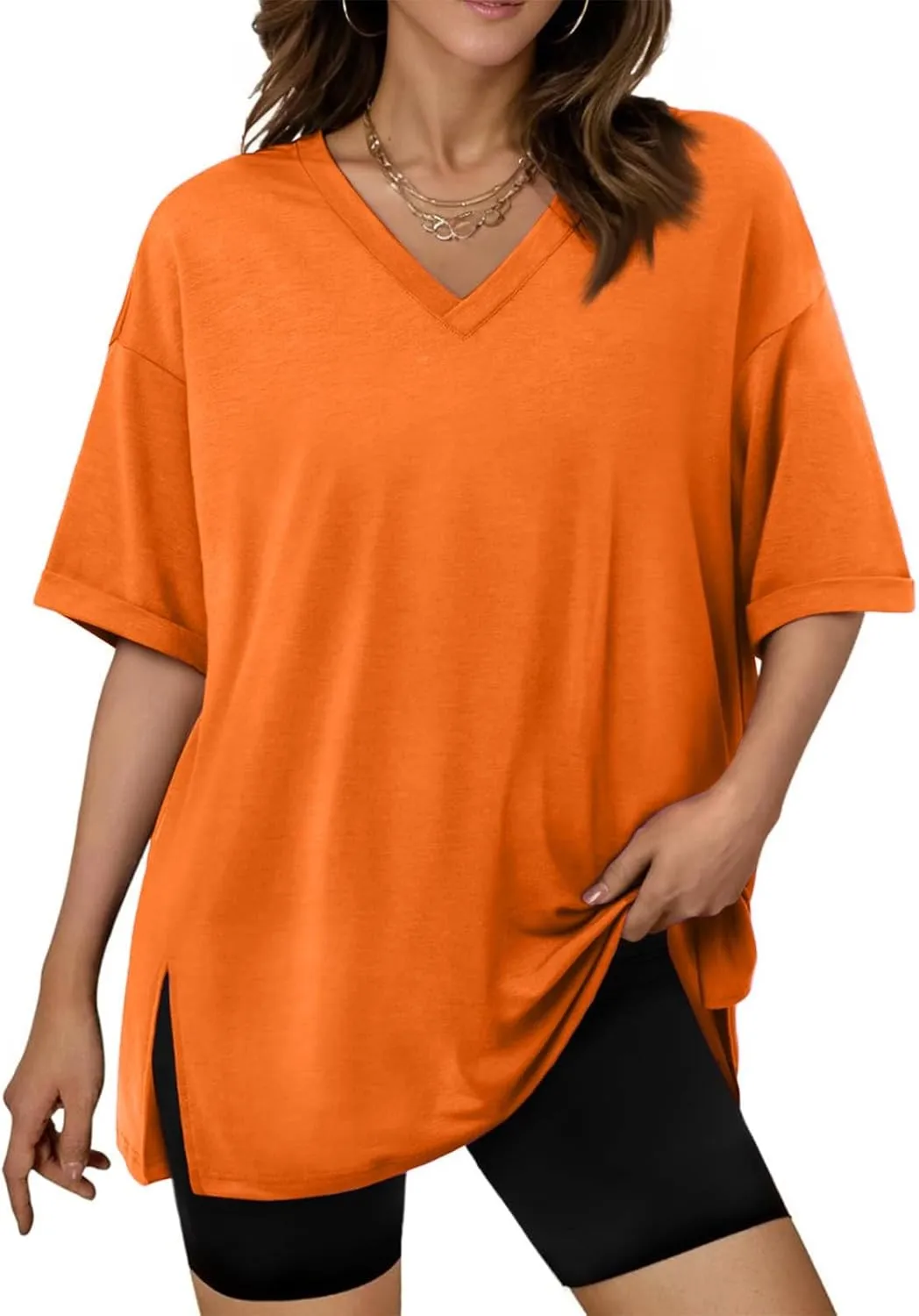 slqdgmryz Oversized Tshirts for Women Side Slit Half Sleeve Summer Tops Elbow Length V Neck T Shirts Loose Fit Dressy Blouses