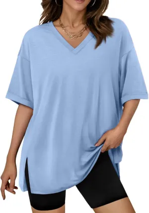 slqdgmryz Oversized Tshirts for Women Side Slit Half Sleeve Summer Tops Elbow Length V Neck T Shirts Loose Fit Dressy Blouses