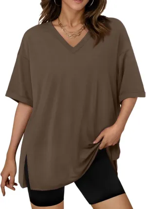 slqdgmryz Oversized Tshirts for Women Side Slit Half Sleeve Summer Tops Elbow Length V Neck T Shirts Loose Fit Dressy Blouses