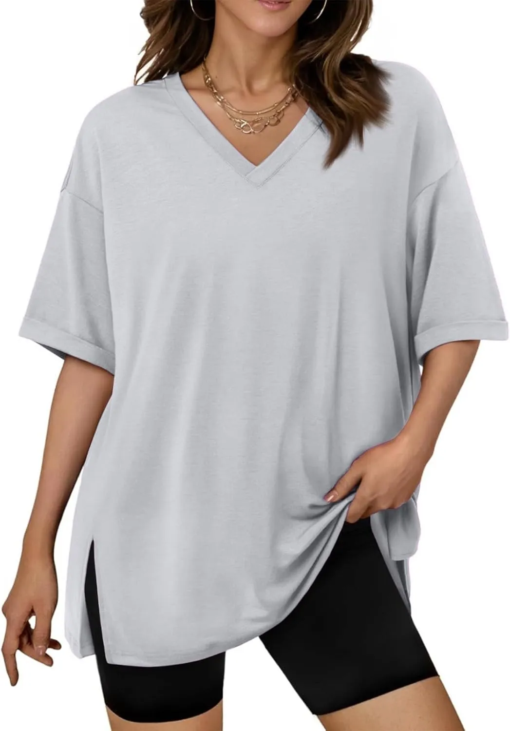 slqdgmryz Oversized Tshirts for Women Side Slit Half Sleeve Summer Tops Elbow Length V Neck T Shirts Loose Fit Dressy Blouses