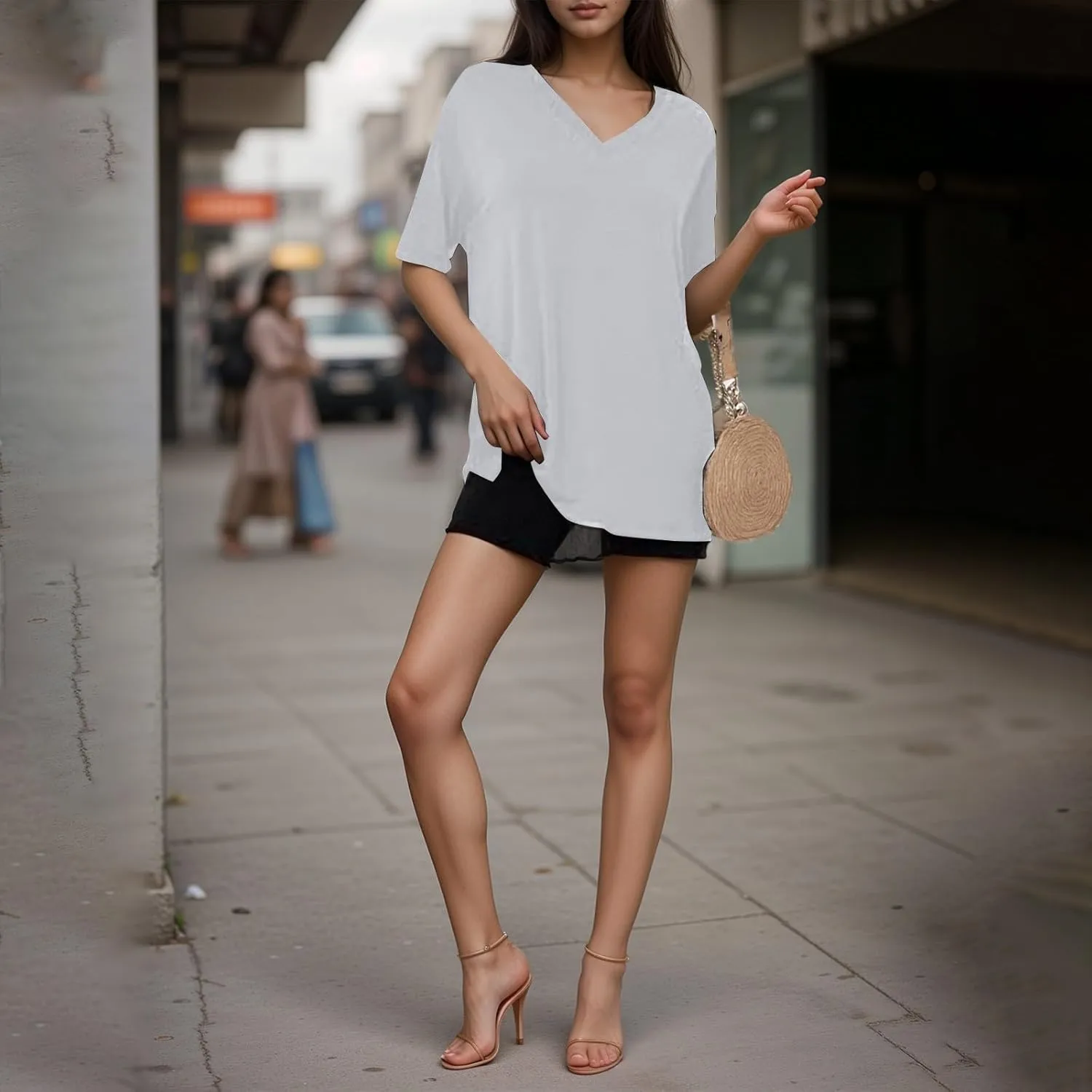 slqdgmryz Oversized Tshirts for Women Side Slit Half Sleeve Summer Tops Elbow Length V Neck T Shirts Loose Fit Dressy Blouses