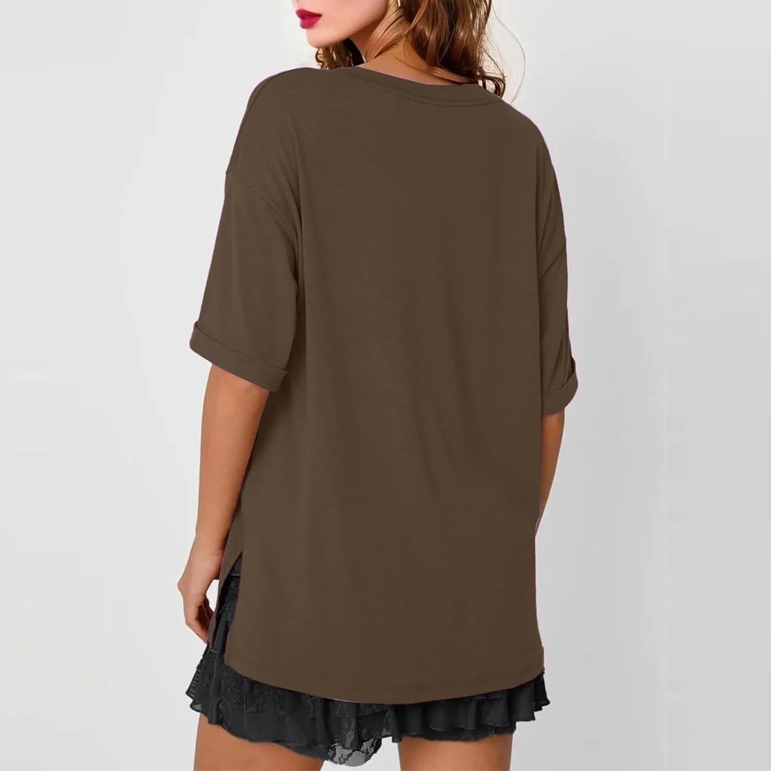 slqdgmryz Oversized Tshirts for Women Side Slit Half Sleeve Summer Tops Elbow Length V Neck T Shirts Loose Fit Dressy Blouses