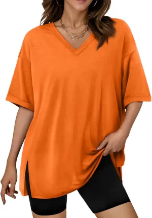 slqdgmryz Oversized Tshirts for Women Side Slit Half Sleeve Summer Tops Elbow Length V Neck T Shirts Loose Fit Dressy Blouses
