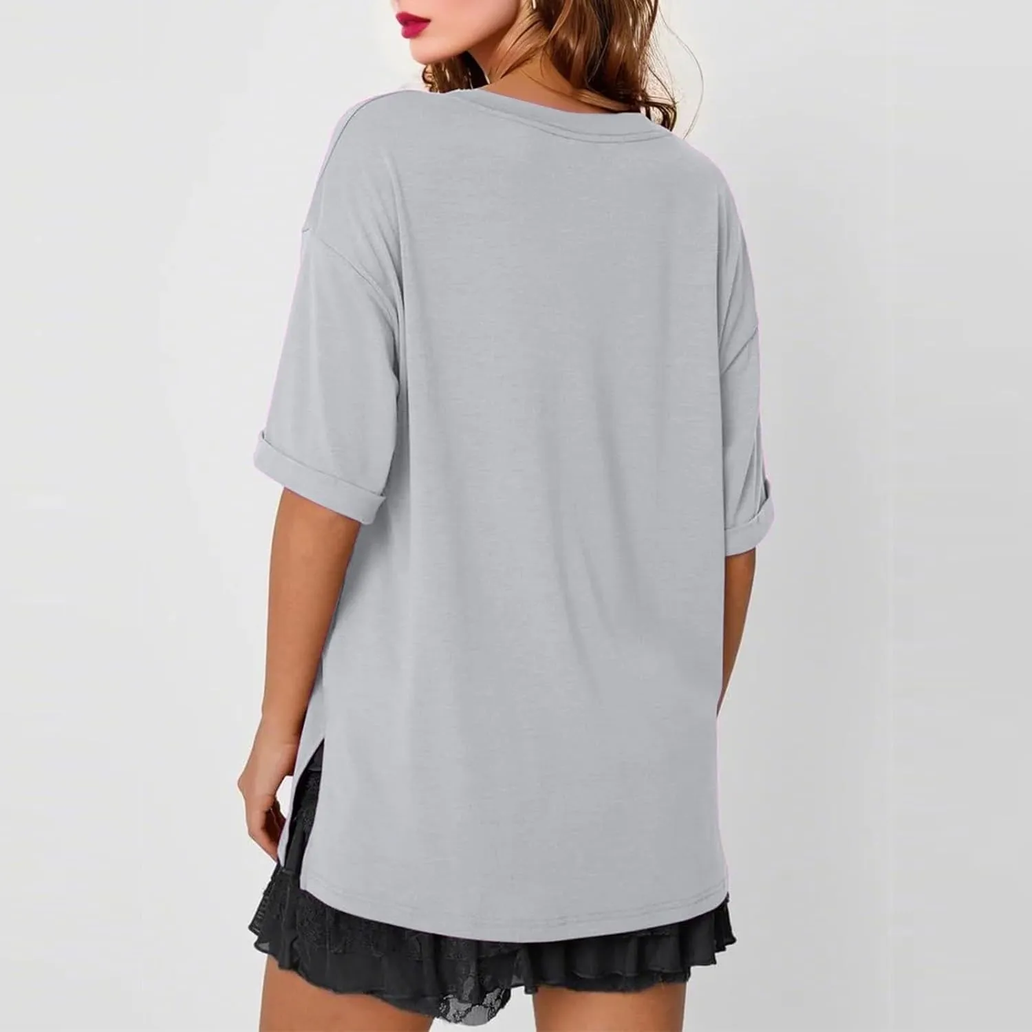 slqdgmryz Oversized Tshirts for Women Side Slit Half Sleeve Summer Tops Elbow Length V Neck T Shirts Loose Fit Dressy Blouses