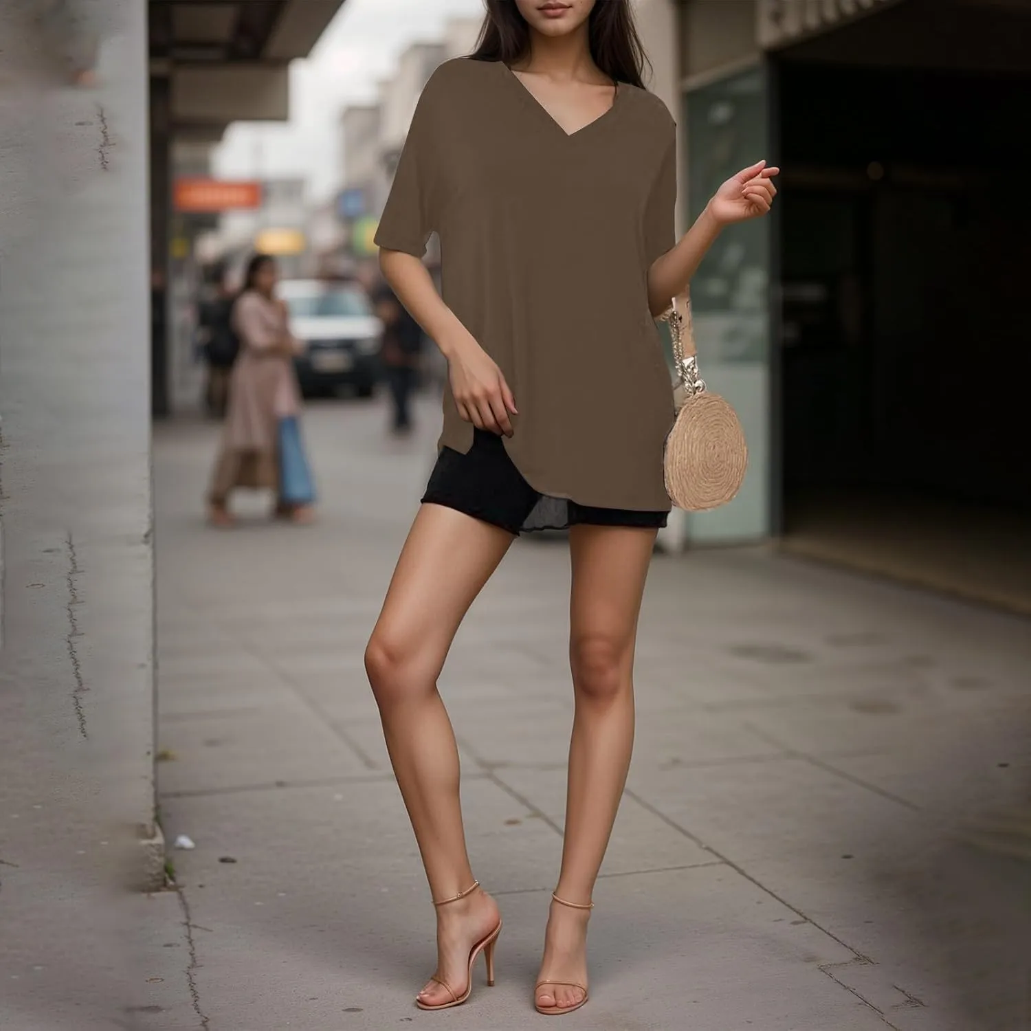 slqdgmryz Oversized Tshirts for Women Side Slit Half Sleeve Summer Tops Elbow Length V Neck T Shirts Loose Fit Dressy Blouses