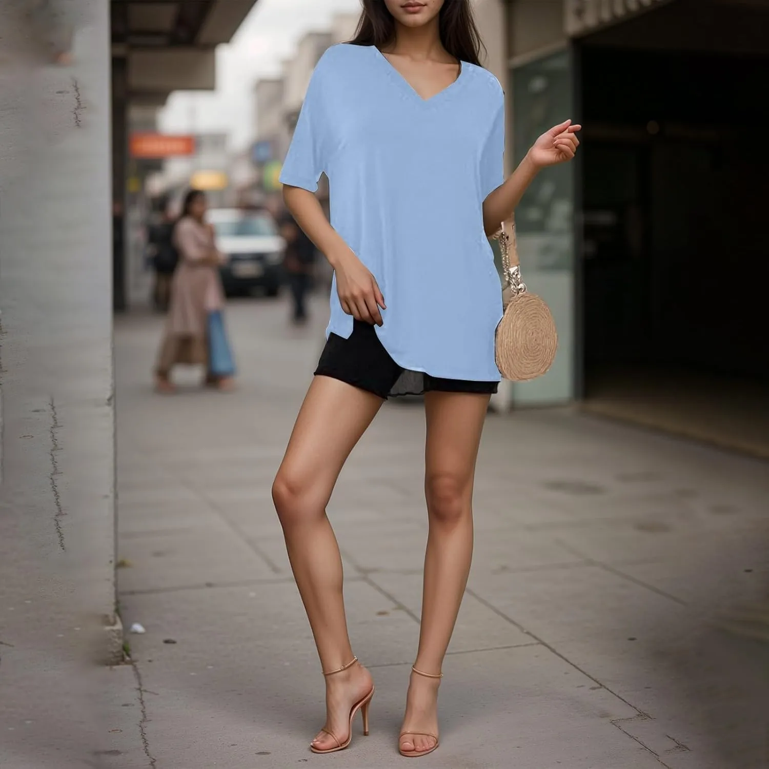 slqdgmryz Oversized Tshirts for Women Side Slit Half Sleeve Summer Tops Elbow Length V Neck T Shirts Loose Fit Dressy Blouses