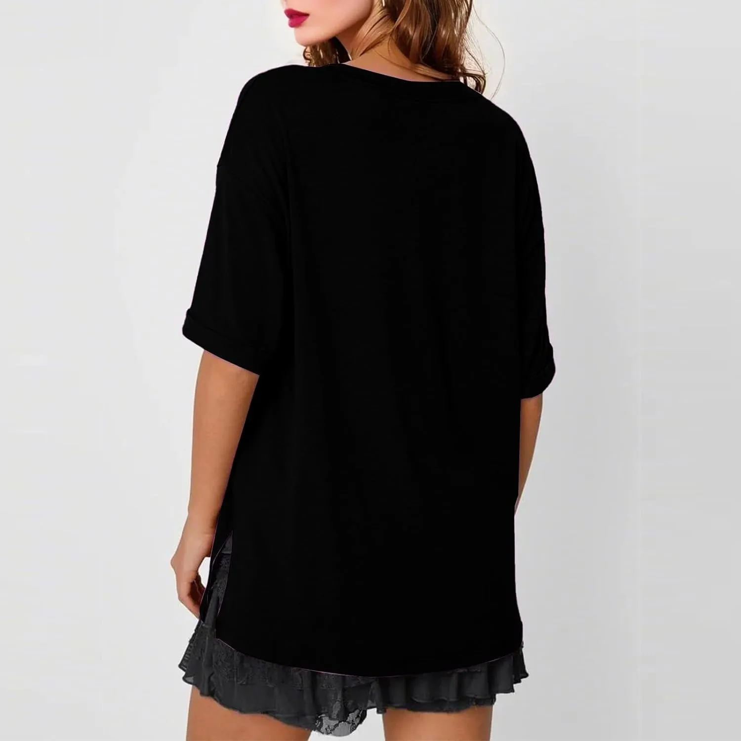 slqdgmryz Oversized Tshirts for Women Side Slit Half Sleeve Summer Tops Elbow Length V Neck T Shirts Loose Fit Dressy Blouses